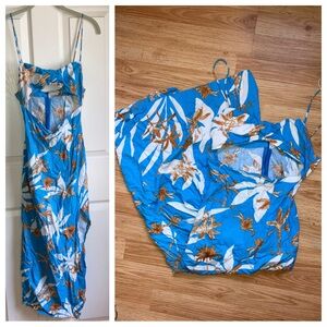 Zara Tropical Resort Wear Skinny Spaghetti Strap Cut Out Maxi Dress XS Blue Tan